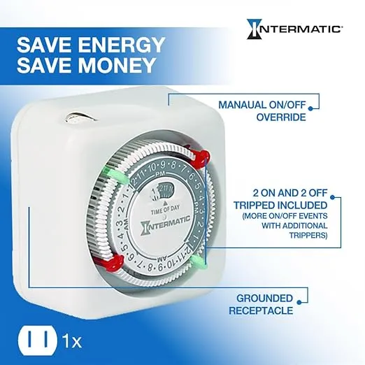 Intermatic TN111K 15-Amp Indoor Timer - Versatile 24-Hour Control - Easy Manual Override and Single 2-Prong Design (1 Pack)