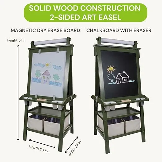 Little Partners Deluxe Learn 'N Play Toddler Easel for Kids, Two-Sided Art Center with Chalkboard, Magnetic Dry Erase Whiteboard, Paper Feed, Storage Bins, Paint Containers (Olive Green)