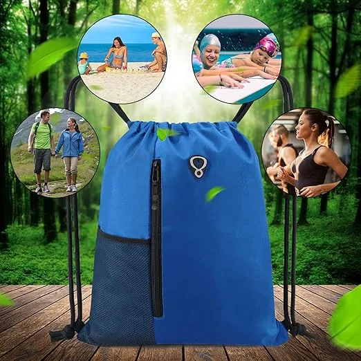 Drawstring Backpack Sports Gym Bag for Women Men Large Size With Two Zipper Pockets and Water Bottle Mesh Pockets