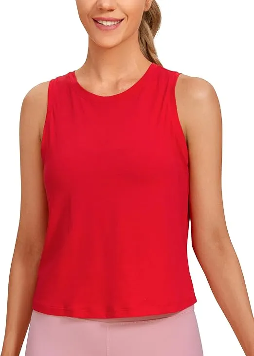 CRZ YOGA Pima Cotton Cropped Tank Tops for Women Workout Crop Tops High Neck Sleeveless Athletic Gym Shirts