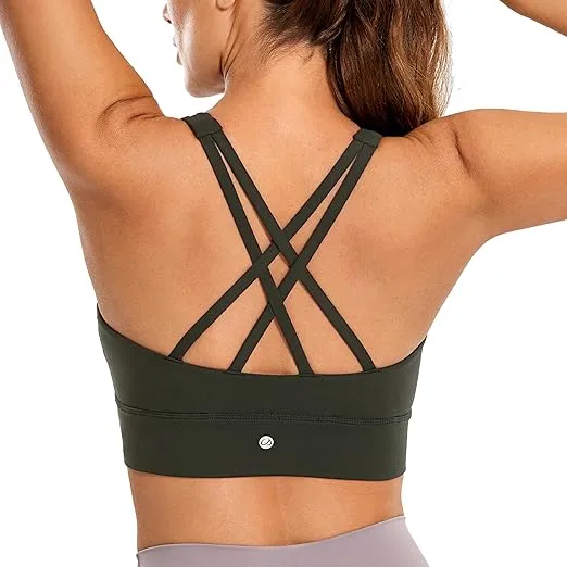 CRZ YOGA Womens Butterluxe Strappy High Neck Longline Sports Bra - Padded Criss Cross Back Workout Sports Bras Crop Tank Top