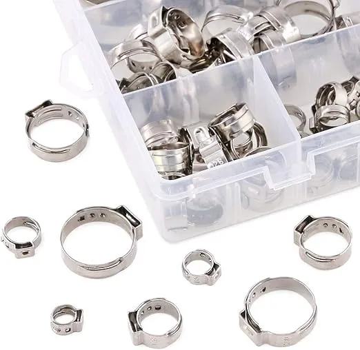 Swpeet 120Pcs 8 Sizes 304 Stainless Steel Single Ear Hose Clamps, Crimp Hose Clamp Assortment Kit Ear Cinch Rings Crimp Pinch Fitting Tools Perfect for Automotive, Home Appliance Line