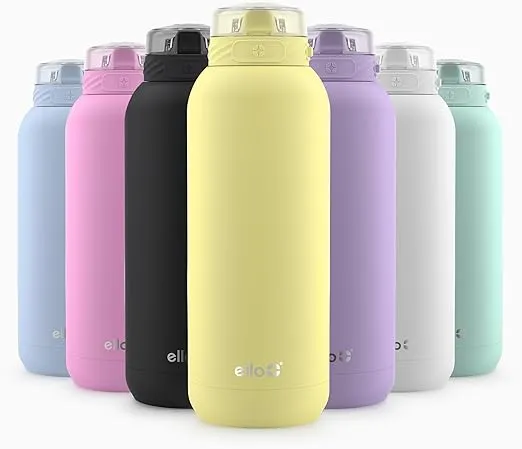 Ello Cooper 40oz Stainless Steel Water Bottle with Straw and Carry Handle, Double Walled and Vacuum Insulated Metal, Leak Proof Locking Lid with Soft Silicone Spout, Reusable, BPA Free, Lemonade