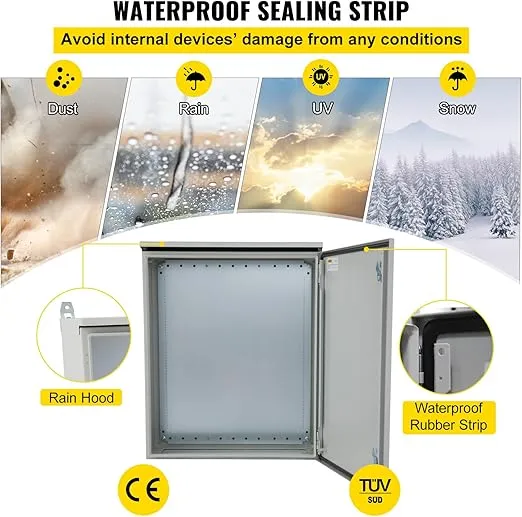 VEVOR Electrical Enclosure, 24'' x 24'' x 8'', NEMA 4 Outdoor Enclosure, IP65 Waterproof & Dustproof Cold-Rolled Carbon Steel Hinged Junction Box for Outdoor Indoor Use, with Rain Hood
