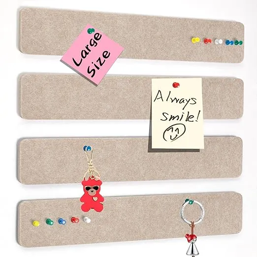 Felt Bulletin Board, 4 Pcs Large Size Cork Board Bar Strips with 35 Pushpins, Self-Adhesive & No Damage for Wall, Felt Pin Board Strips for Paste Notes, Photos, Schedules Offices (Camel)