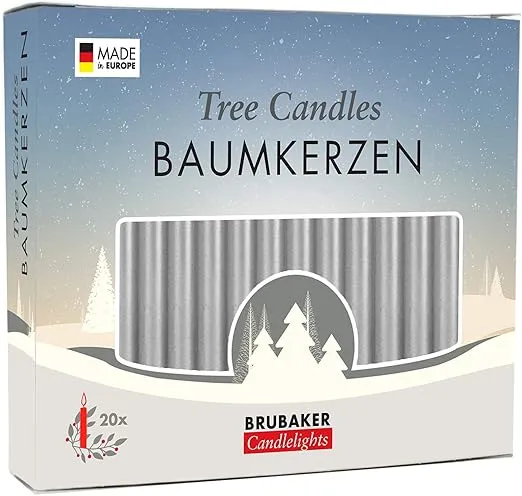 BRUBAKER Tree Candles - Pack of 20 - Silver - 3.75 x 0.5 Inches (9.5 x 1.27cm) - Pyramids & Chimes - Made in Europe