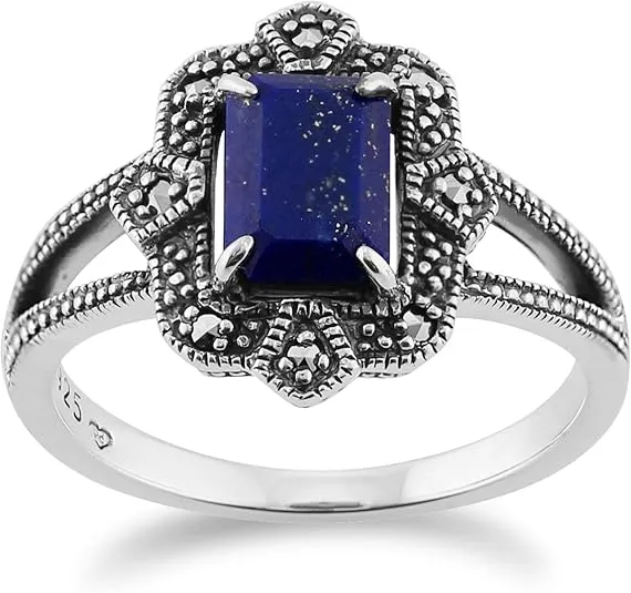 925 Sterling Silver Art Deco Lapiz Lazuli & Marcasite Ring
