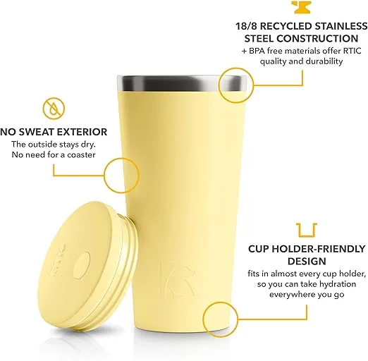 RTIC 20oz Everyday Tumbler Insulated Stainless Steel Portable Travel Coffee Cup with Straw, Spill-Resistant Lid, BPA-Free, Hot and Cold Drink, Ceramic Lining, Sunlight