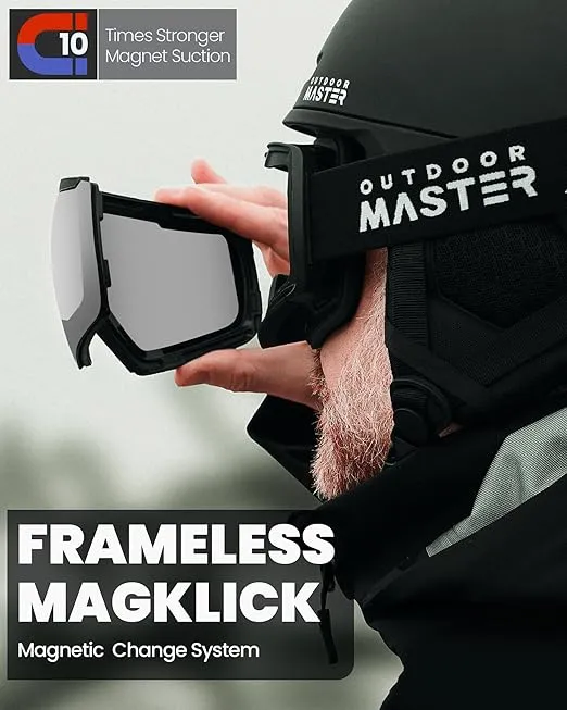 OutdoorMaster Heron Ski Goggles with 2 Lens, Frameless, Magnetic Interchangeable HD Toric Lens, OTG Snowboard Goggles