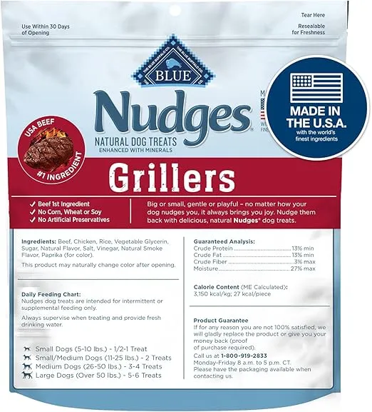 Blue Buffalo Nudges Grillers Natural Dog Treats, Made in the USA with Real Steak, 5-oz Bag