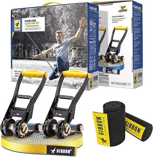 GIBBON Flowline Slackline with TreeWear - 82ft Slack Line (74ft line + (2) 8.5ft Ratchet Straps, Reinforced Loops, 2 Signature Ratchets) 1” Line