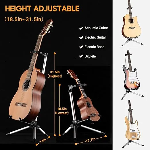 CAHAYA Guitar Stand Floor for Acoustic Electric Guitars and Bass Adjustable Height Folding Guitar Stand Lightweight Travel Instrument Holder