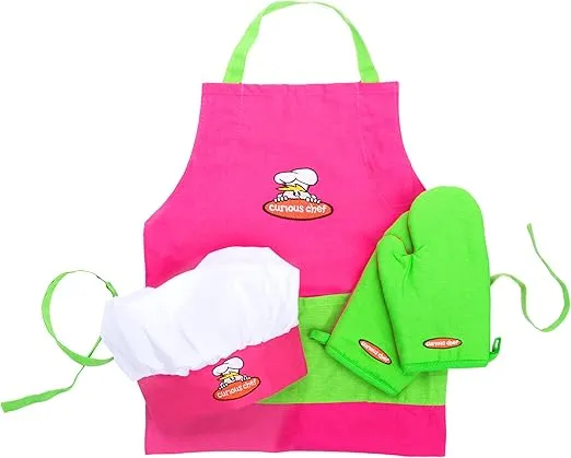 Curious Chef Child Textile Set - 4-Piece Set I Real Chef's Wear for Children I Child-Sized Apron, Oven Mitts & Hat I Machine Washable I Pink/Green
