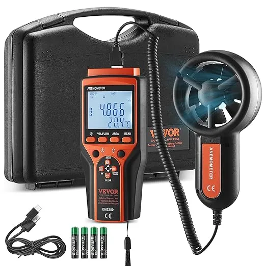 VEVOR Split Handheld Anemometer, 14℉-140℉, Digital Wind Speed CFM Meter Gauge with LED Backlight Screen, Measures Wind Velocity Wind Temperature Air Flow Wind Chill, for Sailing Surfing Flying HVAC