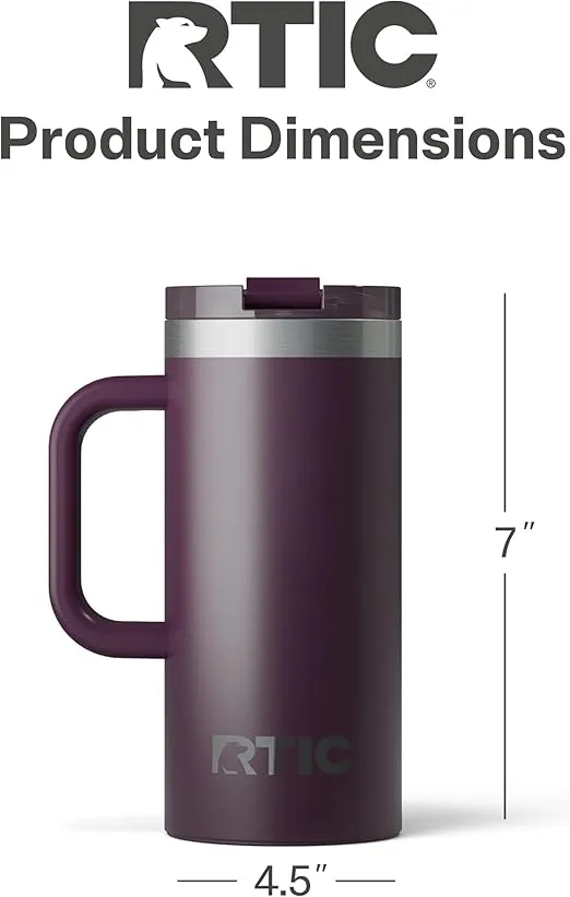 RTIC 16oz Road Trip Travel Mug with Lid and Handle, Insulated, Stainless Steel, Metal, Double Wall Vacuum-Insulation, Ceramic Lined, Portable Coffee, Tea Cup for Hot and Cold Drink, Plum