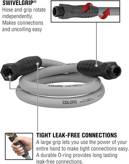 Colors™ SwivelGrip® Garden Hose, 5/8" x 5', 3/4" - 11 1/2 GHT Fittings, Slate Grey