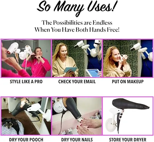 Bestie Adjustable Hair Dryer Holder Stand - Hands Free Blow Drying with Fully Positionable Arm, Permanent Wall Mount or Temporary Suction Mount to Mirror