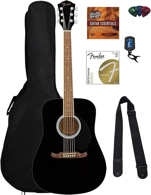 Fender Dreadnought Acoustic Guitar - Black Bundle with Gig Bag, Tuner, Strap, Strings, Picks, Fender Play Online Lessons, and Austin Bazaar Instructional DVD