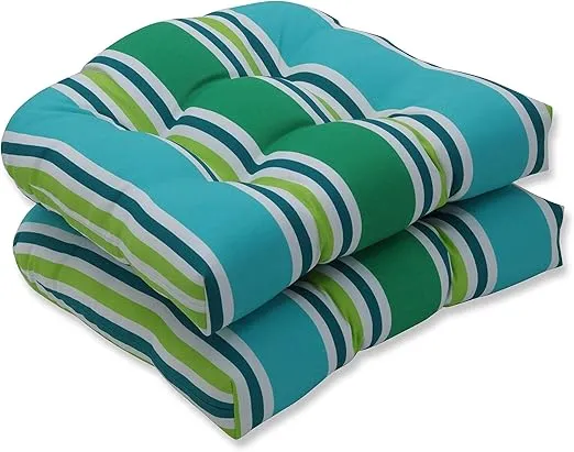 Pillow Perfect Stripe Indoor/Outdoor Chair Seat Cushion, Tufted, Weather, and Fade Resistant, 19" x 19", Blue/Green Aruba, 2 Count