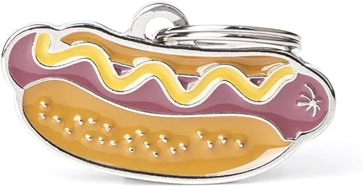 My Family Personalized Pet ID Tag Made in Italy, Hot Dog, Free Engraved Dog Tag, Hand Enameled Metal, Food Collection