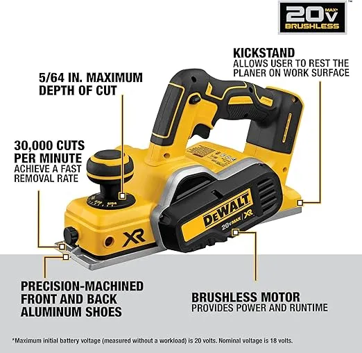 DEWALT 20V MAX Planer, 30,000 Cuts Per Minute, 2 mm Cut Depth, Brushless Motor, Bare Tool Only (DCP580B)