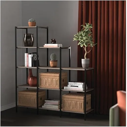ClosetMaid Ladder Step Bookcase, 5 Tier, 7 Shelves, Display Shelf for Living Room or Office, Industrial Black Metal and Wood, Weathered Gray