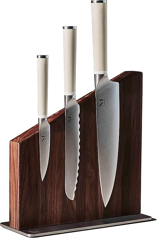 Material, Magnetic Knife Block Set, Kitchen Knife Set with Block includes 8" Chef Knife, 6" Japanese Santoku Style Serrated Bread Knife, 4" Paring Knife and Universal Knife Block, Walnut/Cool Neutral