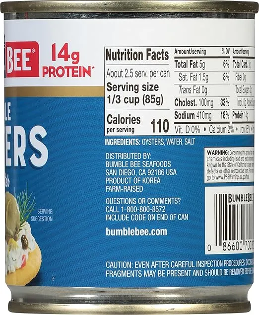 Bumble Bee Premium Select Whole Canned Oysters, 8 oz Can - Ready to Eat - 14g Protein per Serving - Gluten Free