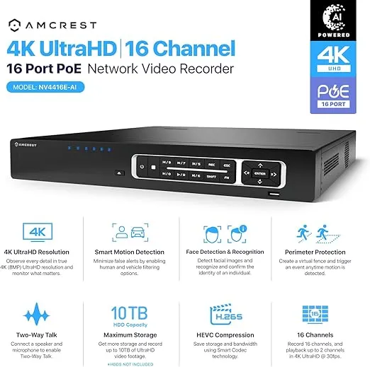 Amcrest 4K NV4416E-AI 16CH AI NVR, 16-Port PoE, Smart NVR, Facial Recognition, Facial Detection & Smart Motion Detection - Supports 16 x 4K IP Cameras, Supports 10TB Hard Drive (Not Included)