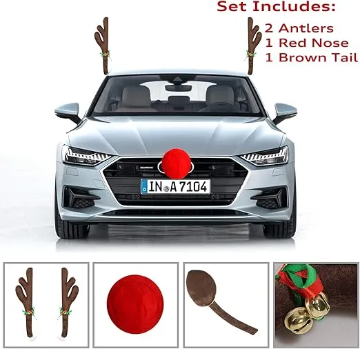 Premium Reindeer Car Kit Antlers, Nose, Tail- Rudolph Set Reindeer Christmas Decoration Car Costume Auto Accessories