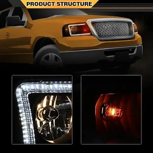 Projector LED DRL Headlights Compatible with Ford F150 2004-2008/Fit Lincoln Mark LT 2006-2008 FO2503247, FO2502247 Clear lens Black Housing Clear Reflector