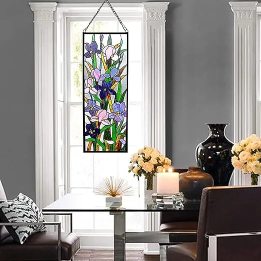 Chloe Lighting SORORIA Tiffany Iris Design 11.5x31.5 Stained Glass Window Panel, Multi-Color