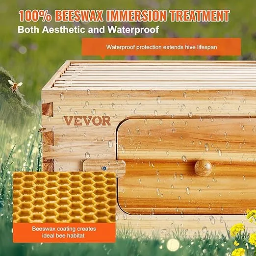 VEVOR 10 Frame Medium Super Bee Hive Box, Bee Box Dipped in 100% Beeswax, Langstroth Beehive Kit with 10 Frames and Foundations and Transparent Acrylic Windows for Beekeeping Supplement