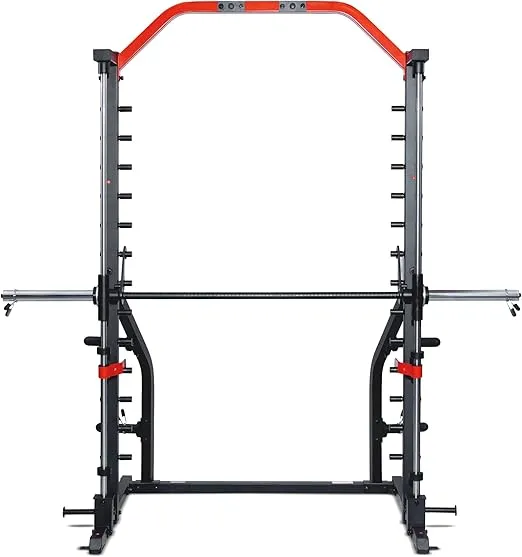 Sunny Health & Fitness Premium Squat Smith Machine Power Rack – High Load Capacity, Adjustable Height, Pull-Up Bar, Spotter Blocks – For Versatile Strength Training, Weightlifting, Squats, Bench Press
