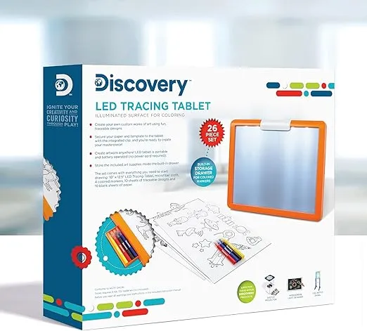 Discovery LED Tracing Tablet, 26-Piece Set with Washable Markers, Tracing & Template Sheets, Battery Powered Doodle Activity Lightboard, Kids Drawing & Sketching Portable Travel Art Set, Toy Gift