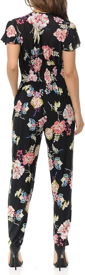 Auliné Collection Womens Short Cap Sleeve V-Neck Long Pants Romper Jumpsuit