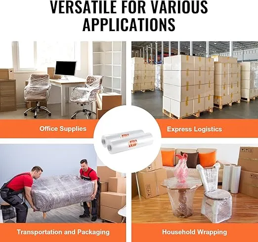 VEVOR Stretch Film, 15 inches x 1200 feet, 80 Gauge Industrial Strength Clear Durable Stretch Wrap Roll, Heavy Duty Shrink Film Stretch Wrap with Handles for Pallet Wrapping Shipping Moving, 2 Pack