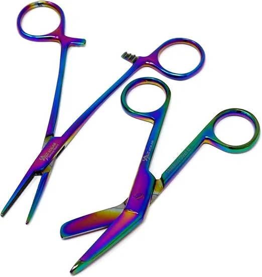 Heavy Duty Multi Rainbow Color Lister Bandage Trauma Shears Scissors + Hemostat Forceps Straight Premium Quality (A2ZSCILAB) (5.5" Scissors + 5.5" Straight Hemostat)