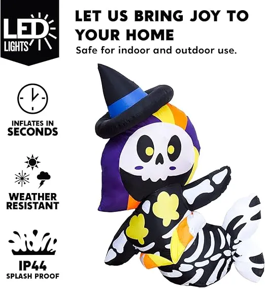 Joiedomi 5 FT Tall Halloween Inflatable Skeleton Mermaid with Build-in LEDs Inflatable Yard Decoration with light Blow Up Inflatables for Halloween Party Indoor, Outdoor, Yard, Garden, Lawn Decoration