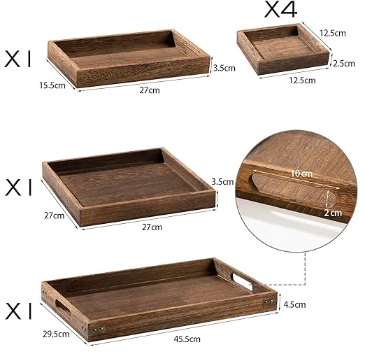 Yangbaga Rustic Wooden Serving Trays with Handle - Set of 7 Rectangular Platters for Entertaining, Breakfast, Coffee Table, Home Decor