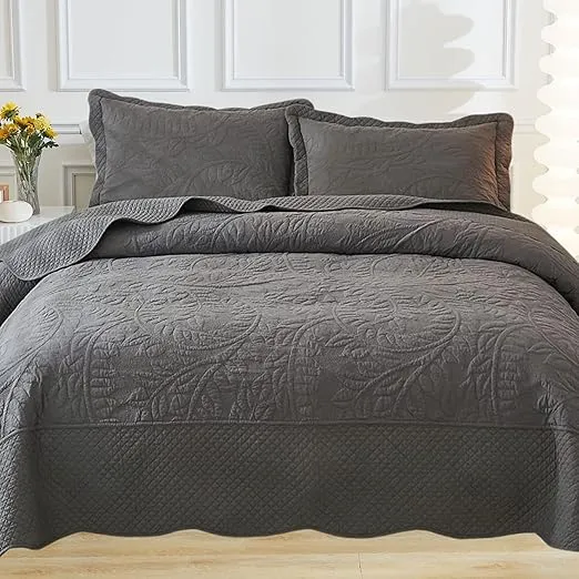 MarCielo 3-Piece 100% Cotton Oversized Bedspread Set Coverlet Set Lightweight Quilt Set Embroidery Farmhouse Bedding Set T0 (Dark Grey, Queen (100"x106"))