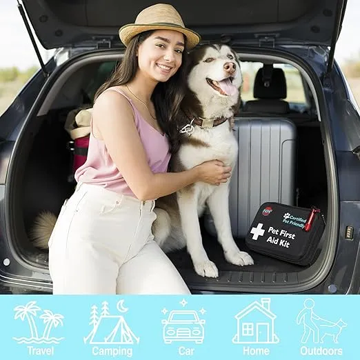 Pet First Aid Kit for Dogs & Cats | First Aid Bag for All Pets and Animals | Perfect for Travel Emergencies with Pet First Aid Guide Book and Instructions | Certified Pet Friendly