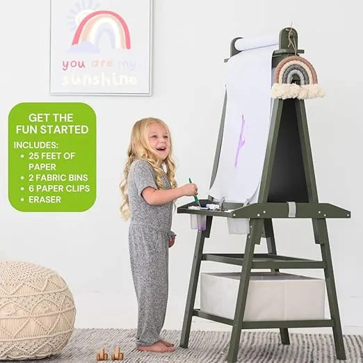 Little Partners Deluxe Learn 'N Play Toddler Easel for Kids, Two-Sided Art Center with Chalkboard, Magnetic Dry Erase Whiteboard, Paper Feed, Storage Bins, Paint Containers (Olive Green)