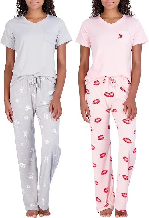 Real Essentials 2 Pack: Women's Pajama Set - Choose from Short Sleeve with Pocket or Long Sleeve without Pocket