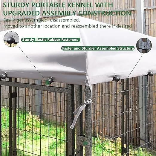 VEIKOU Dog Kennel Outdoor Dog House with Upgarded Canopy, Heavy Duty Dog Kennel w/Rotate Feeding Doors, Powder Coated Steel Frame Dog Fences for Yard Lawn Deck, 4.5' x 4.5' x 4.8'