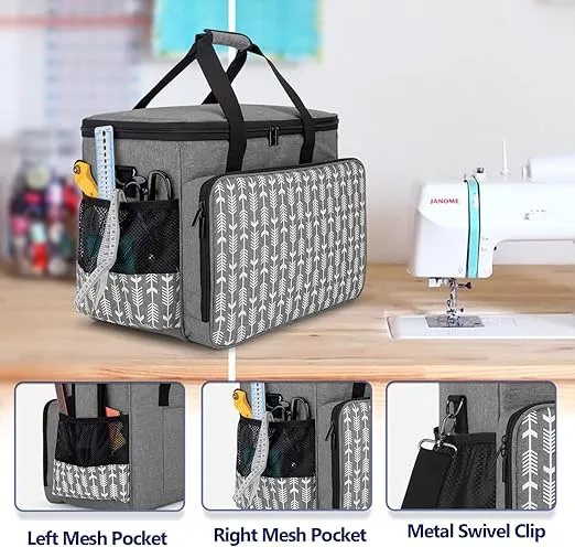 Yarwo Sewing Machine Carrying Case with Thicken Bottom Board, Universal Sewing Machine Tote Compatible with Most Standard Sewing Machine and Accessories,Gray with Arrow