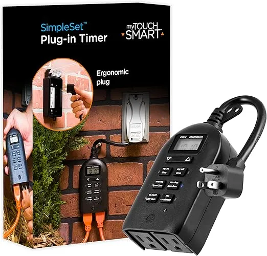 myTouchSmart Outlet Timer, Dual Plug-in Digital Timer Outlet, Simple Programmable Outlet Timer, Indoor/Oudoor Countdown Timer, Weather Resistant, Seasonal Light Timer, Black, 1 Pack, 26898-P2