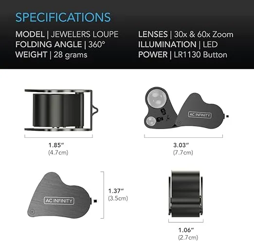 AC Infinity Jewelers Loupe, Pocket Magnifying Glass with LED Light & Dual Lenses, 30x 60x Zoom for Jewelry, Watches, Coins, Stamps, Plant Buds