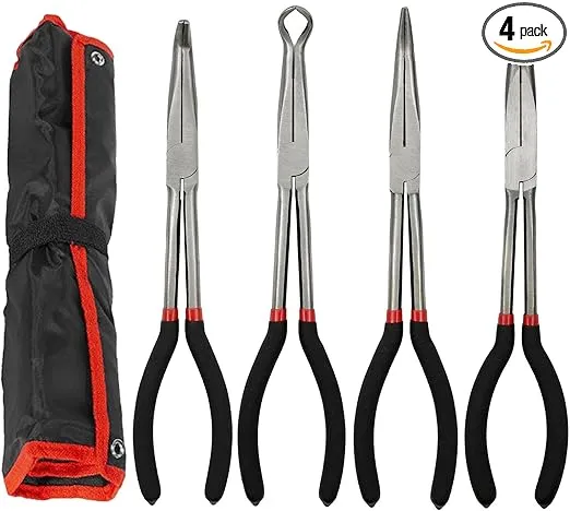 4 Pcs Extra Long Needle Nose Pliers Set,11" Long Reach Pliers with Insulated Comfort Grip Handles,Straight Long Needle Nose Pliers,45&90 Degree Curved Needle Nose Pliers,Circle Pliers for Long Reach