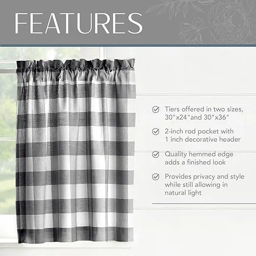 Elrene Home Fashions Farmhouse Living Buffalo-Check Tier Curtain Set for Bathroom or Kitchen Curtains, 30" x 36"(Set of 2 Tiers), Black/White